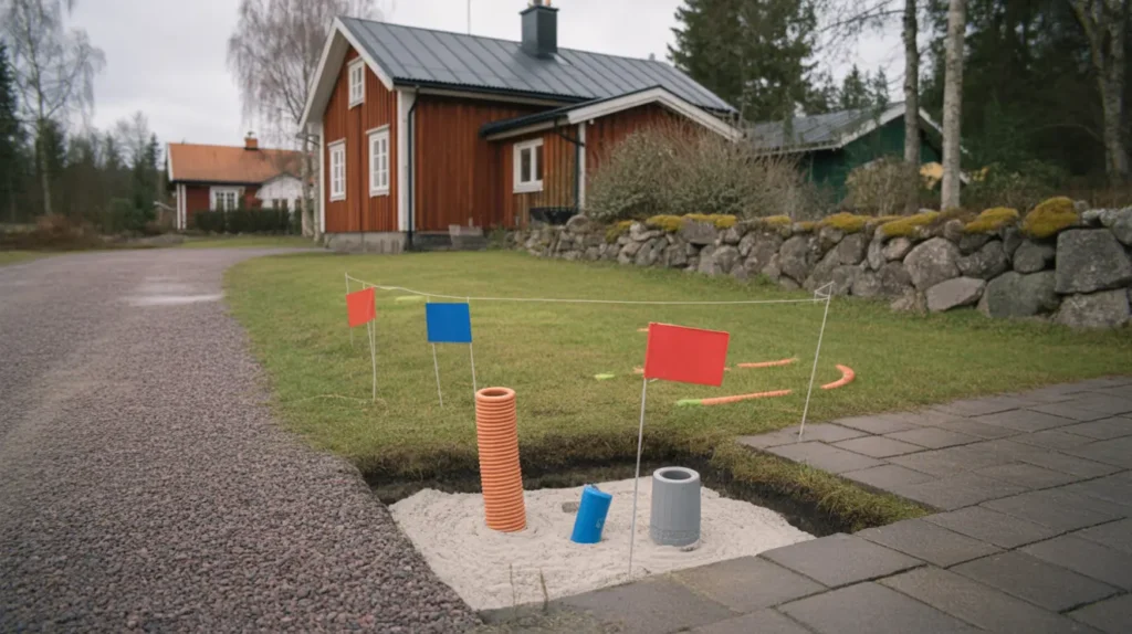 innan du gr ver p tomten anv nd ledningskollen och best ll ledningsanvisning undvik avgr vda kablar och r r